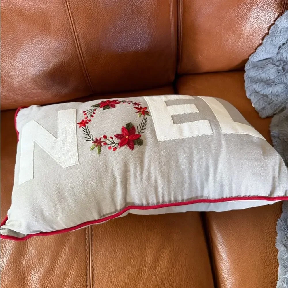 Festive Noel Holiday Pillow - grey and Red